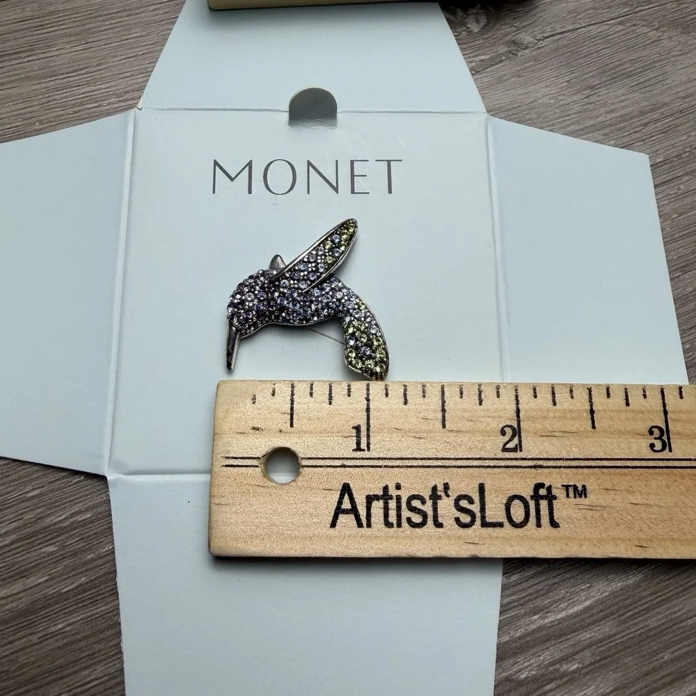 Vintage Signed Monet Purple Green Rhinestone Hummingbird Brooch Gold Tone New